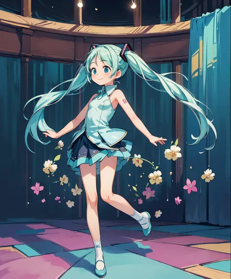 (masterpiece、highest quality、highest quality、official art、beautiful beautiful:1.2)、(1 girl:1.3)Hatsune Miku、twin tails,big breasts,(1 girl), (alone: 2.0), beautiful and charming anime girl, smile, beautiful blue eyes, beautiful proportions, Hatsune Miku, g...