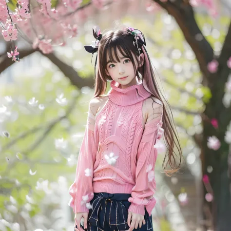 under a cherry blossom tree, a japanese girl, 15 years old, a little bit shy, cute, (pale pink virgin killer sweater:1.7), spark...