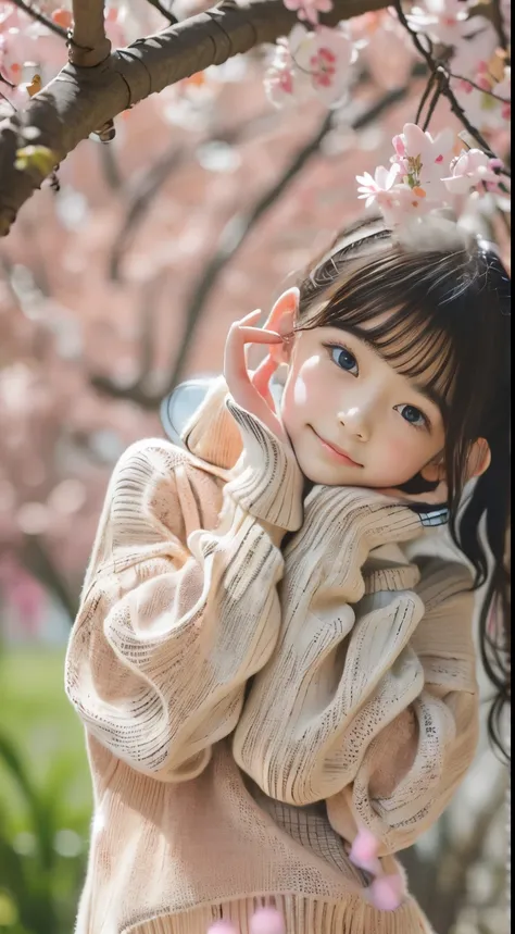 standing under the cherry tree, japanese girl, 15 years old, a bit, cute, (pale pink oversized knit sweater:1.3), sparkling pupi...