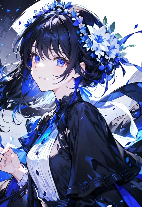 "facing forward, Smiling in a frilly black dress, Surrounded by many blue flowers, pure white and bright."，dark red eyes、black hair、purple rock