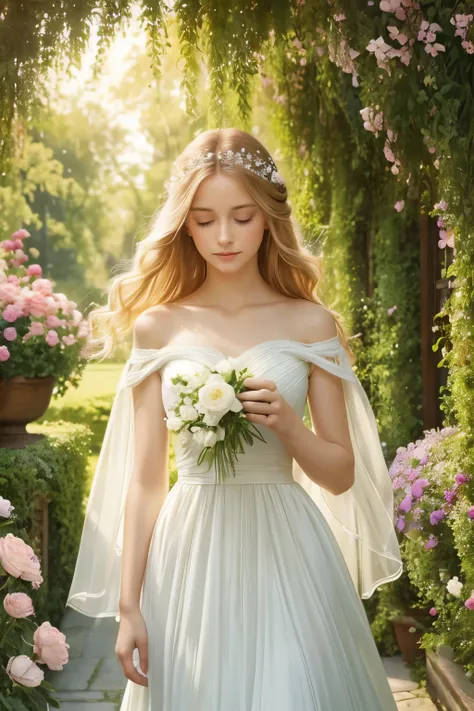 A girl with flowing golden hair and mesmerizing blue eyes, wearing an elegant white dress, standing in the midst of a vibrant garden filled with blooming flowers and lush greenery. The sunlight gently illuminates her delicate features, casting a soft glow ...