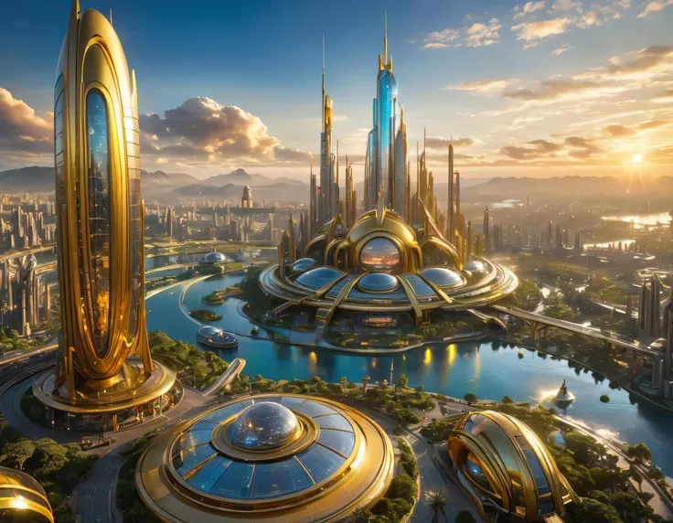 (golden hour lighting), megacity, megalopolis of an imaginary world of science fiction , parecido a una disneylandia futurista, and maximum fantasy, con inmensos edificios y rascacielos ovalados y dodecaedricos agrupados de metal y cristal donde predomina ...
