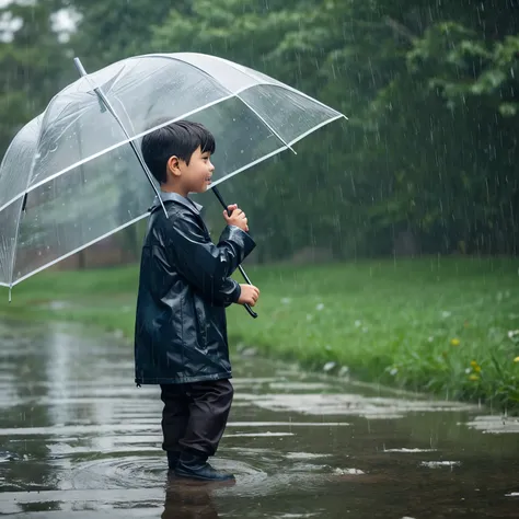 A boy playing on rainfall 