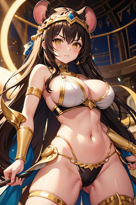 one woman, girl, Mouse ears, yellow eyes, brown hair, Adventurer Costume, steal, big breasts, hips wide open, a little angry, Egyptian Princess, gold decoration set, Jeweled clothing, sexually suggestive