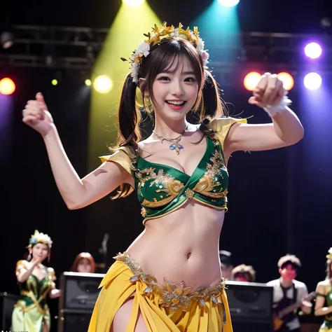 ((masterpiece、highest quality))、shape、Ultra-detailed 8K、realistic、sharp focus、very detailed、professional lighting、colorful details、detailed face、detailed expression、excited look、A young and beautiful Japanese woman is in front of the audience.、((correct an...