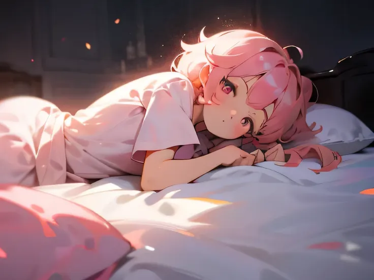 1 girl,Bedroom, colorful background, cozy atmosphere, dreamy lighting, (highest quality,4k,High resolution),anime,1 girl, pink eyes,twin tails,pastel pink hair,fine eyes,lying on the bed,messy hair,pink sheets,looking at the viewer,black pajamas,illuminate...