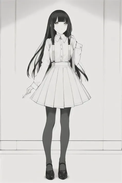 masterpiece, best quality, 1 girl, alone, black hair, Medium long hair, blunt bangs, , Poker face, white pantyhose, Raise your legs high, suspender skirt, White shirt, black skirt, whole body, School, mary jane shoes, night, dark, shadow, indoors, line art...