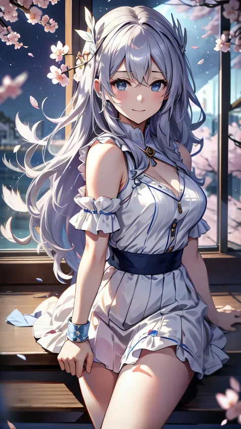 最high quality、best image quality、masterpiece、girl((18-year-old、 By becoming、vest bust、medium bust,wide open breast tea、shining eyes, silver hair、long hair、thin,highest valley、white see-through sailor suit、White short skirt、Wristband、smile、Leaning forward))...