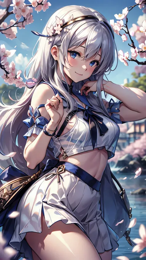 最high quality、best image quality、masterpiece、girl((18-year-old、 By becoming、vest bust、medium bust,wide open breast tea、shining eyes, silver hair、long hair、thin,highest valley、white see-through sailor suit、White short skirt、Wristband、smile、Leaning forward))...