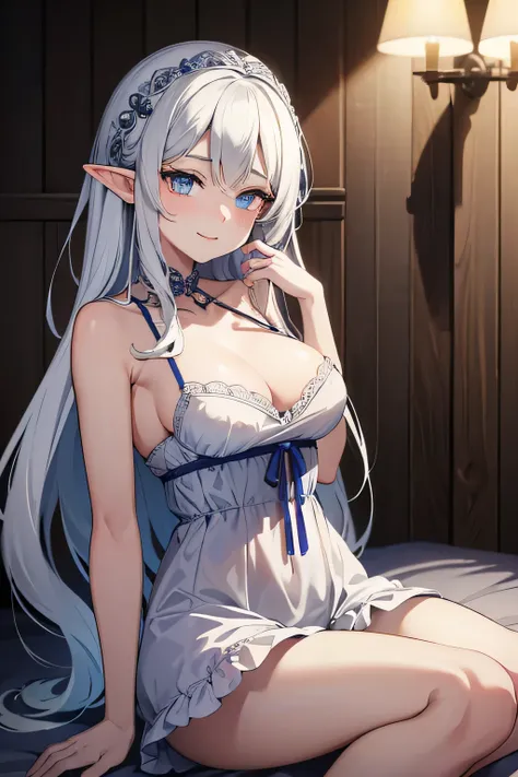 (best quality,ultra-detailed,highres,masterpiece:1.2),careful with hand,beautiful anime girl with white hair and blue eyes in a medieval tavern bedroom at night, night ambient, elf girl, bed, falling in love, sensual excited expression, white sleveless dre...