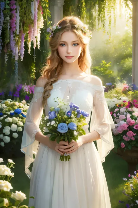 A girl with flowing golden hair and mesmerizing blue eyes, wearing an elegant white dress, standing in the midst of a vibrant garden filled with blooming flowers and lush greenery. The sunlight gently illuminates her delicate features, casting a soft glow ...