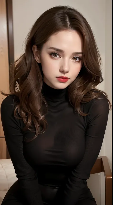 beautiful women, mature woman, masterpiece, super detailed, detailed face, beautiful eyes, detailed eyeshadow, lip details, red lipstick, light brown hair, full body, wavy hair, Wearing a black sheath dress, turtleneck, revealing legs, sexy legs, Wearing u...