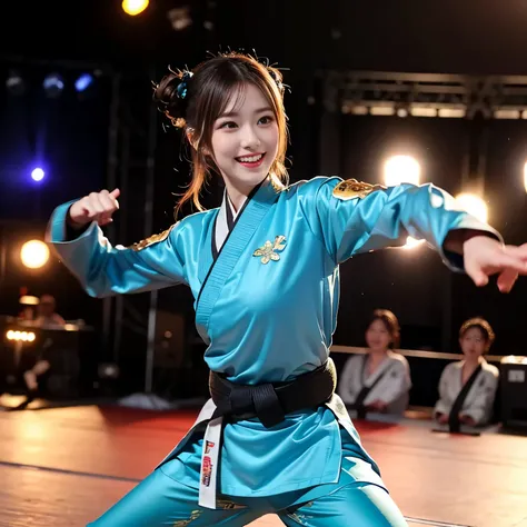 ((masterpiece、highest quality))、shape、Ultra-detailed 8K、realistic、sharp focus、very detailed、professional lighting、colorful details、detailed face、detailed expression、excited look、A young and beautiful Japanese woman is in front of the audience.、((correct an...