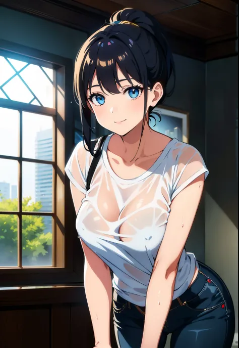 (most high quality), ((masterpiece)), (be familiar with), perfect face, best image quality, masterpiece, 1 woman, ((cute)), 25 years old, vest bust, medium bust, (covered nipples), bust 90, beautiful blue eyes, wide open chest, black hair ponytail, Slender...