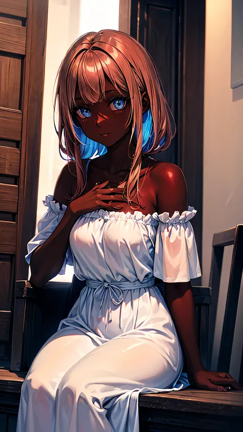 rich hot girl, dark skin, ginger hait, blue eyes, colorful clothes, peasant dress,