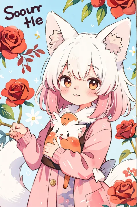 cover page, marriage information magazine, Watercolor elements, 1girl, kemono, furry, detailed body fur, animal face, animal hand, cute girl holding a red rose and looking at viewer,