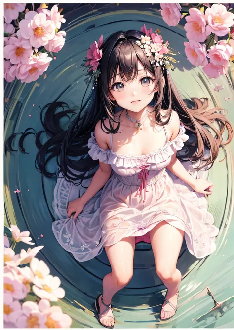 (highest quality:1.5),(high resolution:1.5),(Ultra fine:1.5),(masterpiece:1.5),(insanely detailed:1.2),8K,highres,1 girl、、beautiful girl、cute、、Chibi、small breasts、black hair、long hair、spring、flower garden、nature、blue sky、white floral dress、sandals、panty sh...