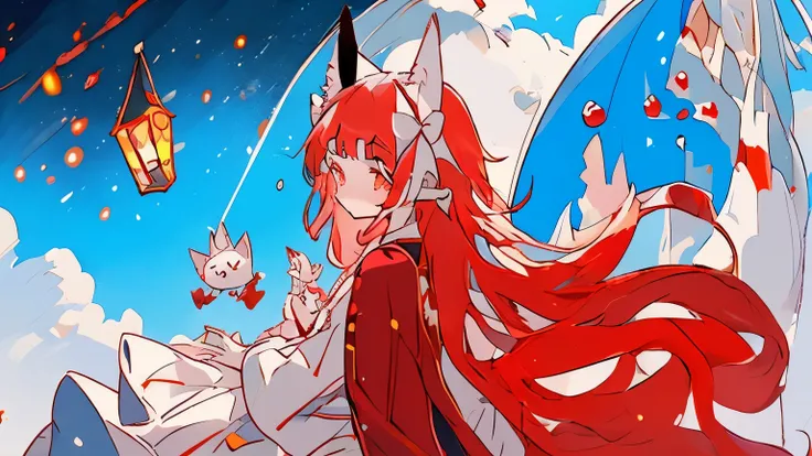 a girl with red long hair, fox ears, nine fox tail, white fox, red long skirt, white long-sleeved shirt, smiling face, fantasy, magic, night sky