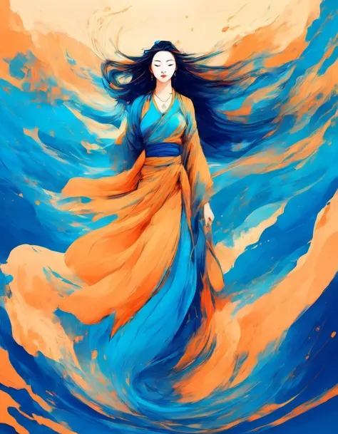 girl，Scriptures，Dunhuang art style illustration，Dunhuang art style，zen，Zen，gradient blue color, blue and orange，fluid movements ，Smooth movement，Show the smoothness of the picture，