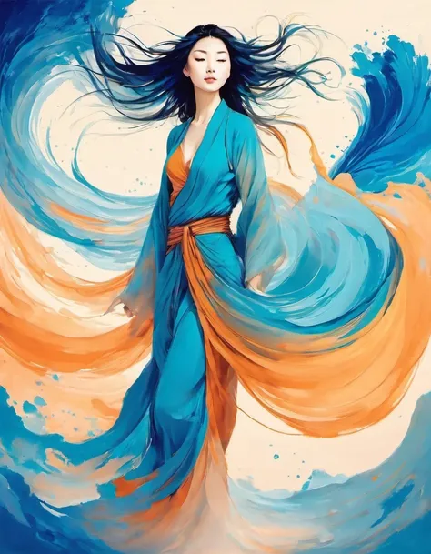 girl,Scriptures,Dunhuang art style illustration,Dunhuang art style,zen,Zen,gradient blue color, blue and orange,fluid movements ,Smooth movement,Show the smoothness of the picture,