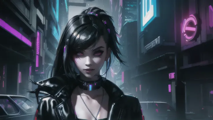 ((best quality)), ((work-before)), (very detailed:1.3), .. 3d, beautiful (cyberpunk:1.3) , stylish woman looking at camera, blac...