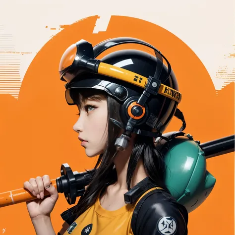 Anime girl with baseball bat and helmet, :14 flkl + jet radio, :14 flkl + Akira, Pilot Girl, flkl, Mechanized Valkyrie Girl, Jet Set Radio Station, jet dial style radio, Akira artstyle, Akira moto, Striking detailed art style, Couchart Kenz, portrait anime...