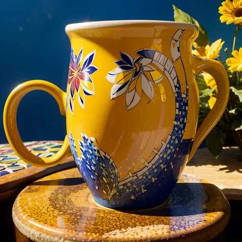 A vibrant ceramic mug, adorned with a mosaic of colorful floral patterns against a deep blue background. Its sturdy handle provides a comfortable grip, while the curved lip ensures smooth sipping. The interior reveals a glossy finish in a contrasting shade...