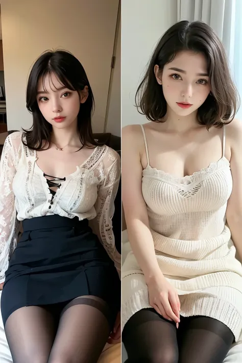 ulzzang-6500-v1.1,(Raw photo:1.2), (Photoreal), (genuine:1.4), ((muste piece)),(very realistic, High resolution, detailed face, fine eyes), Realistic college girl in kashkul knit dress、popular hairstyles、Wearing ultra-realistic pantyhose、lying on the bed、