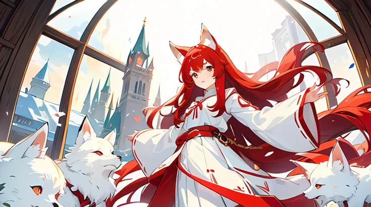 a girl with red long hair, fox ears, fox tail, white fox, red long skirt, white long-sleeved shirt, cute face, fantasy