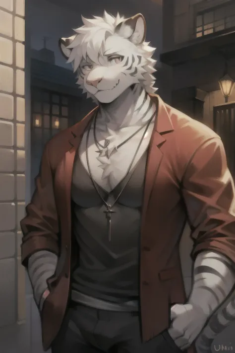 white tiger，hairy，male，White hair，Unique colored eyes，Strong build，Casual attire，necklace