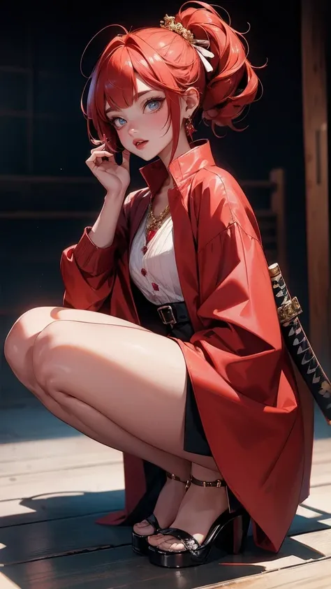 (masterpiece:1.2), best quality,CG,3d, samurai girl,
1 sister, Red eyes, ear nipple ring, alone, hair color, jewelry, looking at the audience, Vague, Full body female love, through bangs, red hair clothes, jacket, Squat down, Vague background, collar, Shor...