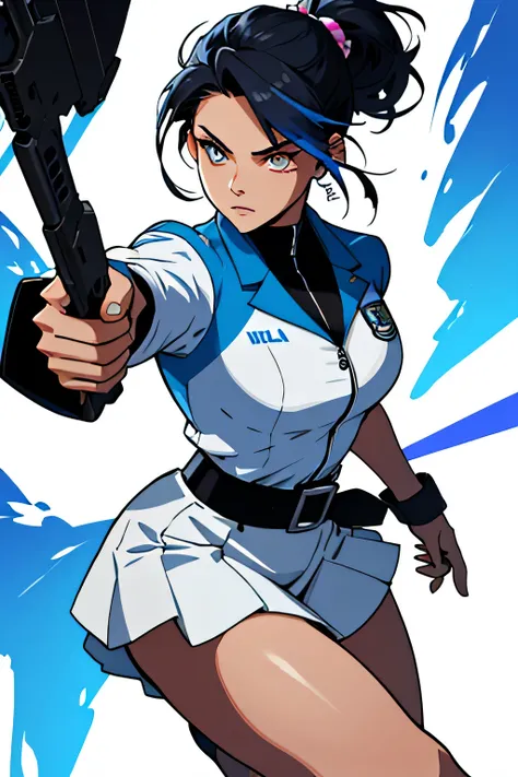 High-resolution cartoon-style illustration of Jett, a female agent from the popular game Valorant, depicted in a dynamic pose with her hand extended, requesting a drop of the powerful weapon known as the Operator. Jetts character design features a youthful...