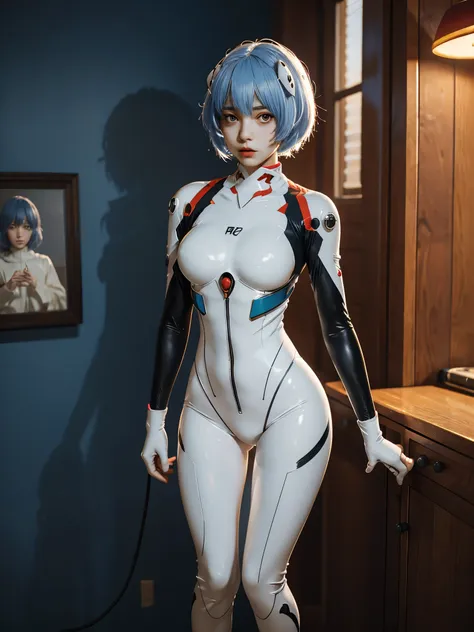 rei ayanami, the iconic character from the popular anime series, evangelion, stands before you in her signature plug suit. her a...