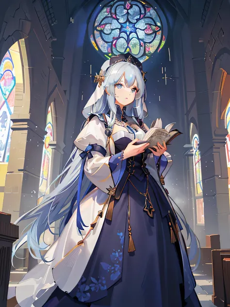 ((masterpiece)), (best quality), (solo), highres, extremely detailed CG wallpaper, extremely detailed figure, Amazing, (heavy clouds and huge blue moon) , one beautiful girl with very long hair, dress, (blue glowing flowers on the meadow), ((church)) and (...