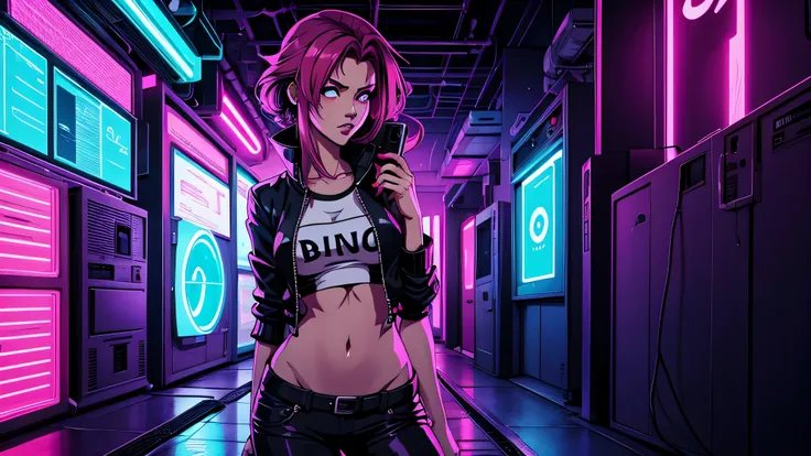 garota de anime, corpo inteiro, telefone, cabine telefonica, Blusa ciberpunk, jaqueta de couro, Martem boots, Fones de ouvido em volta cabelo, Capa do álbum Anime Phonk Brain Sick, musica, ondas sonoras, com cores vermelho e preto neon