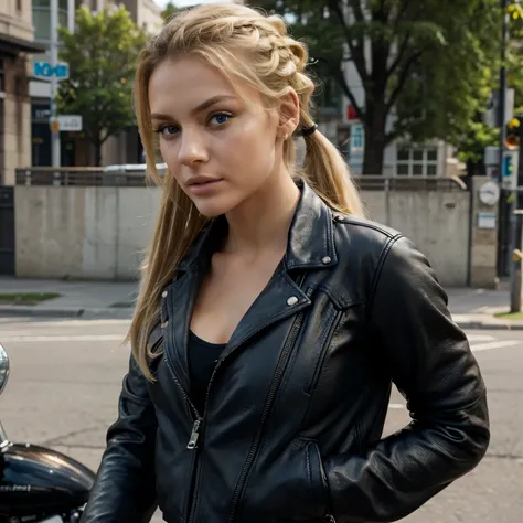  front view, long distance shot, A beautiful 23 year old woman with blonde hair, a ponytail, detailed blue eyes, realistic human skin pores texture, (big tits) (Margot Robbie: 0.7), (Abby Clancy: 0.5), riding a motorbike in the city, (((leather jacket))), ...