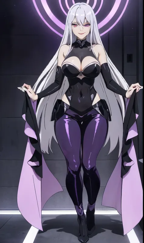 ((highest quality)), ((masterpiece)), (be familiar with),whole body、silver hair、long hair、Black revealing clothing、purple shiny pants、purple shiny bra、evil depravity、big breasts、erotic smile、front、electronic、Black veil