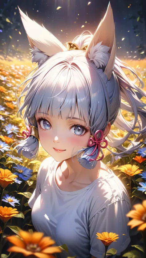 ayaka,((golden hair)), fox ears,beautiful face,smiling, moderate breast, in the middle of flowers field, wearing white shirts, b...