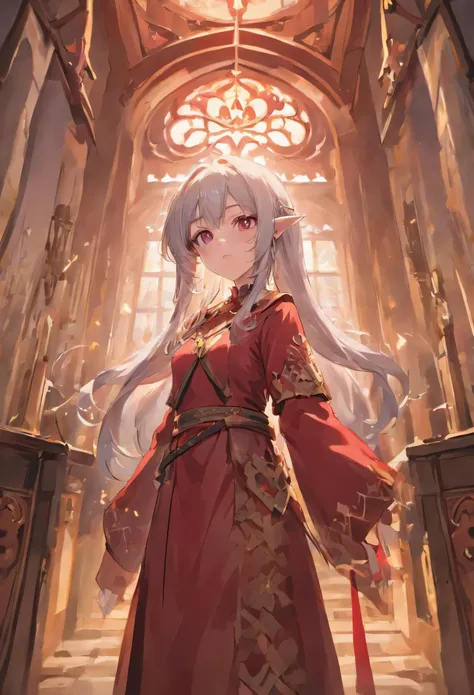 girl、elf、silver hair、1 person、red dresature、tall、faint smile、Standing and watching the viewer、highest quality、Background inside a medieval european tavern、Lively、bright