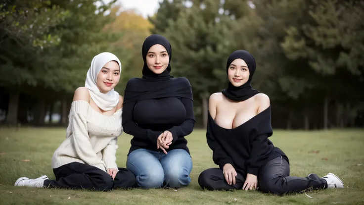 Two 20 yo woman,hijab, sweater, dark theme, soothing tones, muted colors, high contrast, (natural skin texture, hyperrealism, soft light, sharp), grass field background, slim body with big breast, (big size breast: 1.6) using off shoulder tight clothes, 2g...