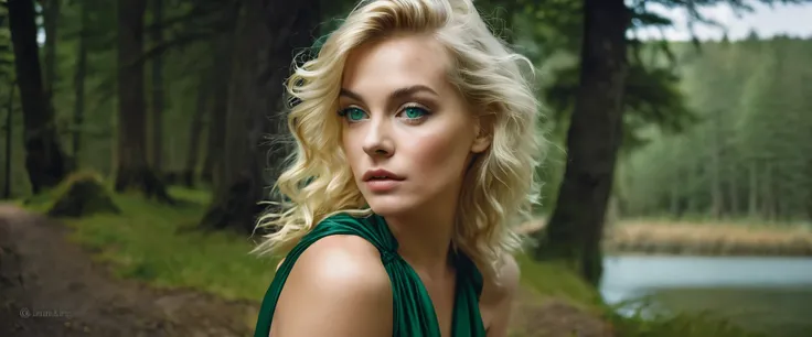 Photo awarded with the best quality, Meisterwerk, upper body, Frau, sommersprossiges Gesicht, blondes Haar, vom Wind verweht, emerald green eyes, strapless dress, modern von Jeremy Lipking, von Antonio J. Manzanedo von Lee Jeffries Nikon D850 Film Stockfot...