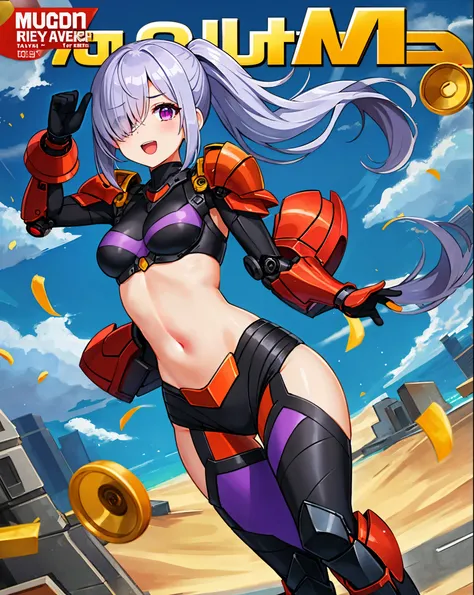 ,1girl,(young_teen:1.5), (short_ponytail:1.3), (light_whitish_purple_hair:1.3),black_mechanical_armor,white_breasts_parts_red_black_body_suit,bare_shoulder,bare_slender_thighs,medium_breasts,city_background,Stinging_eyes,sleepy,thighhigh_greaves,gauntlets,...