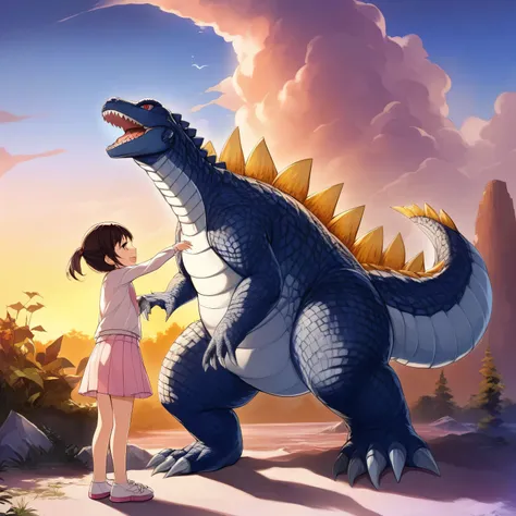 depict a kind godzilla in the picture as if she is very friendly with a  and is her pet, godzilla is a wonderful kind pet for a ...