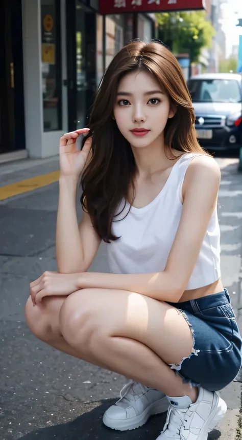 top quality、ultra high resolution、(Realism:1.4)、(ulzzang-6500:0.4)、Beauty、korean idol、21 years old、hair length、light brown hair、clean wavy hairstyle、、 are small、realistic eyes, thin and long narrow eyes、beautiful eyes、a smile、crop top、Vest、Wear a see-throu...