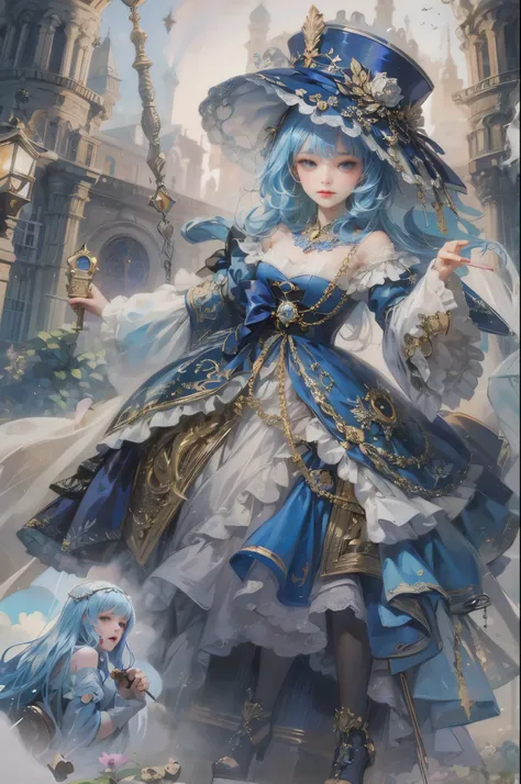 anime - style painting of a woman in a blue dress and hat, zerochan art, trending on artstation pixiv, detailed key anime art, shadowverse style, full art, detailed anime artwork, ((a beautiful fantasy empress)), anime fantasy artwork, beautiful celestial ...