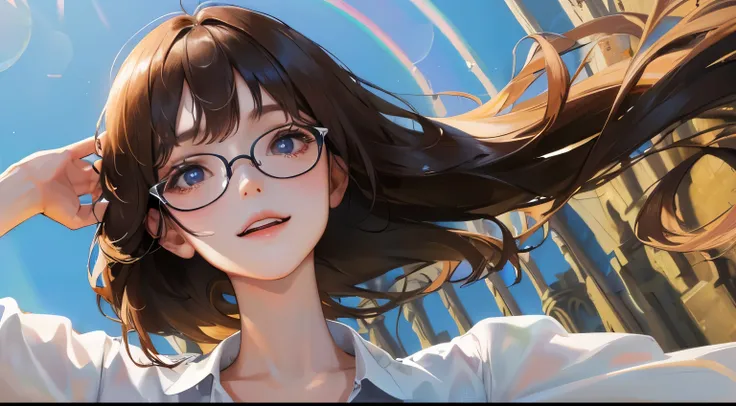 (((one girl)))、Masterpiece,best quality, (look up at the big rainbow))), determined expression, upper body diagram、Glasses、((cheerful look))、white shirt、 (highest resolution、clear_image)、best quality、contrast of light and shadow、((illumination))、very detai...