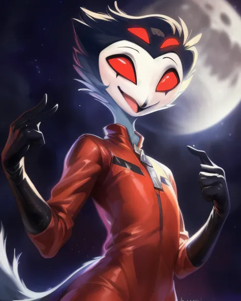 (furry art, upload on e621), ((stolas)), (anthro, furry), (open mouth), sfw, (red spacesuit, black gloves, elbow gloves, (moon b...