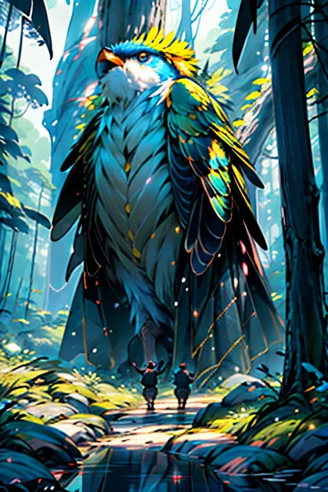 ((Melhor qualidade)), ((obra de arte)), (detalhado),
Draw a vibrant and magical scene depicting the Shimmering Canary Grove. In the center of the image, highlight the imposing figure of a bird((a giant Canary)), the Master of the Enchanted Song, ((surround...