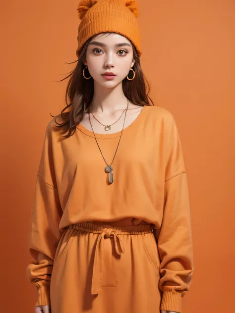 (8K, highest quality, High resolution, masterpiece :1.3), (orange background), stylish, hisense, fashion, The contour is the length of the surface, eyes are long, bob hair, oversized clothes, baggy clothes, colorful, Upper body, necklace, earrings, knit ha...