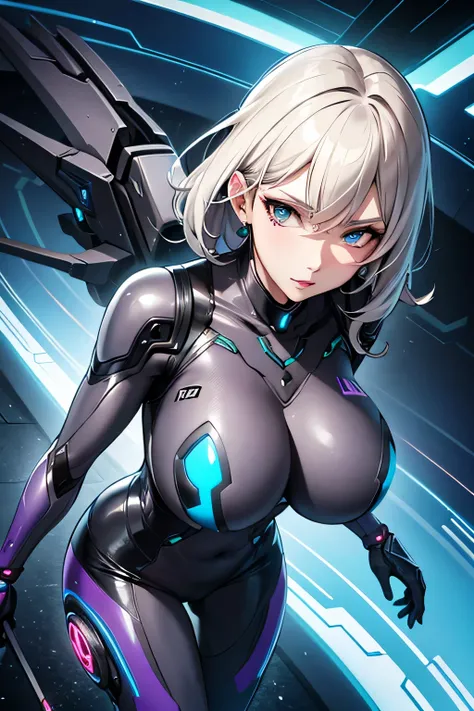 Milf, woman in a futuristic suit, highly detailed face, cool, mom, tomboy, very large breast, (Milf), mature face, (mature female), cybersuit, anime girl wearing tight suit, milfication, Elegant body, navel focus, naked body, gloves, earrings, science fict...